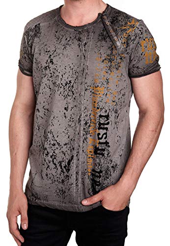 Herren T-Shirt mit Seitlicher Knopfleiste Verwaschen Print mit Plakativem Seitlichem Logo Print 191, Farbe:Anthrazit, Größe:2XL von R-Neal