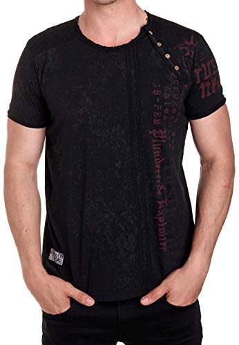 Herren T-Shirt mit Seitlicher Knopfleiste Verwaschen Print mit Plakativem Seitlichem Logo Print 191, Farbe:Schwarz, Größe:S von R-Neal