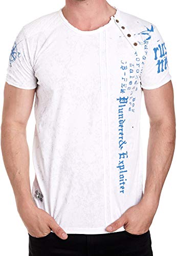 Herren T-Shirt mit Seitlicher Knopfleiste Verwaschen Print mit Plakativem Seitlichem Logo Print 191, Farbe:Weiß, Größe:M von R-Neal