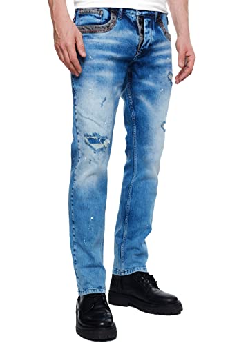 Jeans-Hose für Herren Regular Fit im Individuellem Streetwear-Design Destroyed Light Blue Used Denim-Pants mit Roter Ziernaht 240-2, Farbe:Blau, Hosengröße:34W / 32L von R-Neal