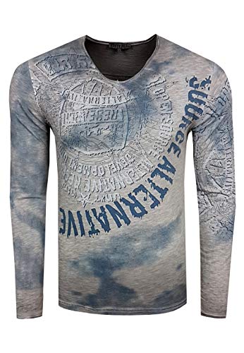 Longshirt Rusty Neal Herren Langarm Shirt Longsleeve Oil Wash Verwaschen Stretch Plakativer Front Print, Farbe:Anthrazit 135, Größe:2XL von R-Neal