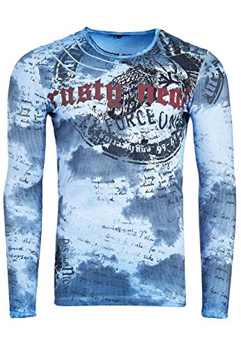 Longshirt Rusty Neal Herren Langarm Shirt Longsleeve Oil Wash Verwaschen Stretch Plakativer Front Print, Farbe:Blau 140, Größe:L von R-Neal