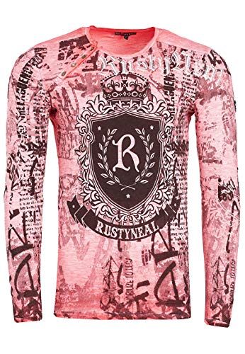 Longshirt Rusty Neal Herren Langarm Shirt Longsleeve Oil Wash Verwaschen Stretch Plakativer Front Print, Farbe:Koralle 142, Größe:S von R-Neal