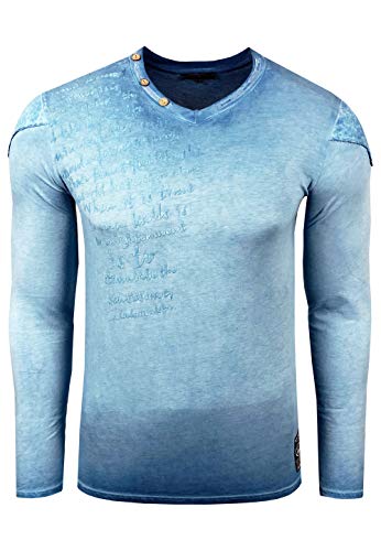 Longshirt Rusty Neal Herren Langarm Shirt Longsleeve Oil Wash Verwaschen Stretch Plakativer Front Print, Farbe:Petrol 117, Größe:2XL von R-Neal