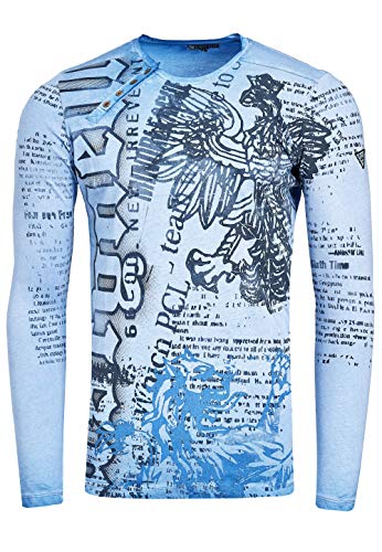 Longshirt Rusty Neal Herren Langarm Shirt Longsleeve Oil Wash Verwaschen Stretch Plakativer Front Print, Farbe:Blau 141, Größe:2XL von R-Neal