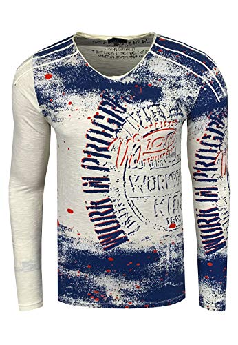 Longshirt Rusty Neal Herren Langarm Shirt Longsleeve Oil Wash Verwaschen Stretch Plakativer Front Print, Farbe:Ecru 109, Größe:2XL von R-Neal