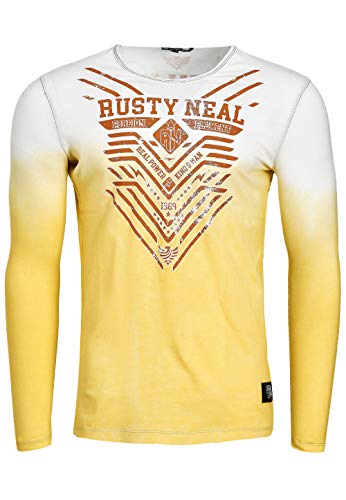 Longshirt Rusty Neal Herren Langarm Shirt Longsleeve Oil Wash Verwaschen Stretch Plakativer Front Print, Farbe:Gelb 148, Größe:L von R-Neal