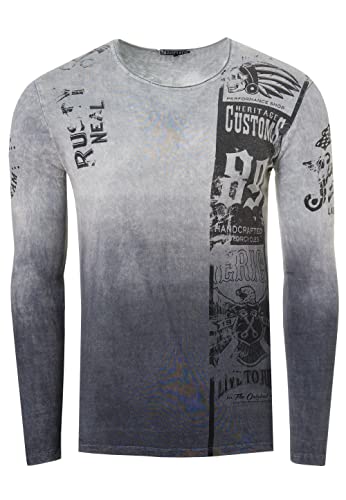 Longshirt Rusty Neal Herren Langarm Shirt Longsleeve Oil Wash Verwaschen Stretch Plakativer Front Print, Farbe:Grau/Anthrazit 146, Größe:2XL von R-Neal