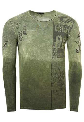 Longshirt Rusty Neal Herren Langarm Shirt Longsleeve Oil Wash Verwaschen Stretch Plakativer Front Print, Farbe:Grün 146, Größe:L von R-Neal