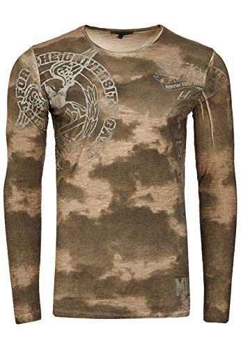 Longshirt Rusty Neal Herren Langarm Shirt Longsleeve Oil Wash Verwaschen Stretch Plakativer Front Print, Farbe:Khaki 144, Größe:2XL von R-Neal