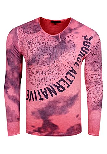 Longshirt Rusty Neal Herren Langarm Shirt Longsleeve Oil Wash Verwaschen Stretch Plakativer Front Print, Farbe:Koralle 135, Größe:L von R-Neal