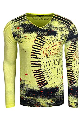 Longshirt Rusty Neal Herren Langarm Shirt Longsleeve Oil Wash Verwaschen Stretch Plakativer Front Print, Farbe:Neon Gelb 109, Größe:M von R-Neal