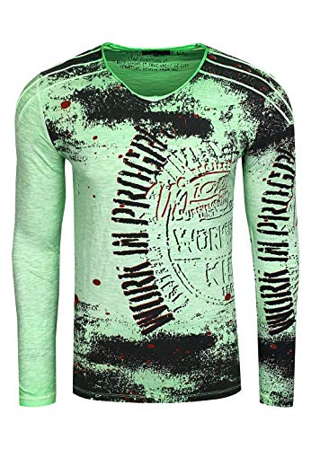 Longshirt Rusty Neal Herren Langarm Shirt Longsleeve Oil Wash Verwaschen Stretch Plakativer Front Print, Farbe:Neon Grün 109, Größe:XL von R-Neal