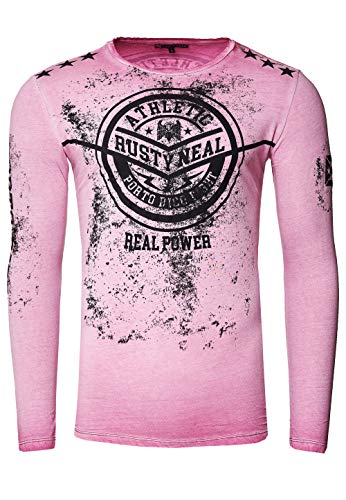 Longshirt Rusty Neal Herren Langarm Shirt Longsleeve Oil Wash Verwaschen Stretch Plakativer Front Print, Farbe:Rose 151, Größe:L von R-Neal