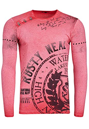 Longshirt Rusty Neal Herren Langarm Shirt Longsleeve Oil Wash Verwaschen Stretch Plakativer Front Print, Farbe:Rot 145, Größe:L von R-Neal