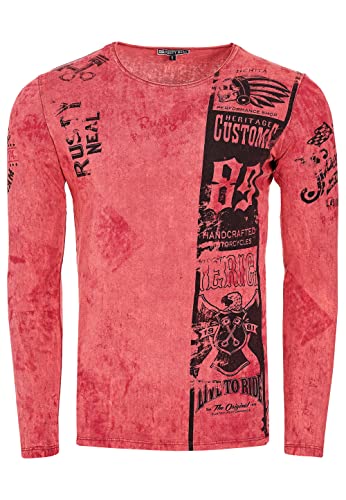 Longshirt Rusty Neal Herren Langarm Shirt Longsleeve Oil Wash Verwaschen Stretch Plakativer Front Print, Farbe:Rot 146, Größe:2XL von R-Neal