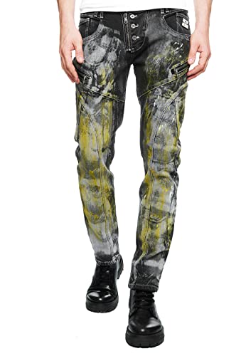 R-Neal Designer Jeans-Hose Maximal Verwaschen Black Used Ultra Washed Stretch Denim Slim Fit Reißverschluss & Knopf-Design 239-1, Farbe:Schwarz/Gelb, Hosengröße:34W / 32L von R-Neal