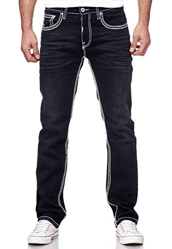 R-Neal Dicke Naht Herren Jeans Hose 'Levin' Länge 32 + 34 Jeanshose Kontrastnaht Neon Grün Schwarz Blau Stretchdenim Streetwear Regular FIT, Hosengröße:29W / 32L, Denim Color:7444-7 von R-Neal