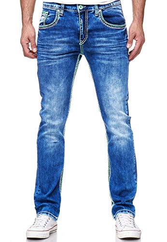 R-Neal Dicke Naht Herren Jeans Hose 'Levin' Länge 32 + 34 Jeanshose Kontrastnaht Neon Grün Schwarz Blau Stretchdenim Streetwear Regular FIT, Hosengröße:30W / 32L, Denim Color:7444-2 von R-Neal