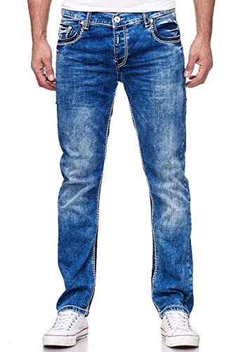 Dicke Naht Herren Jeans Hose 'Levin' Länge 32 + 34 Jeanshose Kontrastnaht Neon Grün Schwarz Blau Stretchdenim Streetwear Regular FIT, Hosengröße:30W / 34L, Denim Color:7444-4 von R-Neal