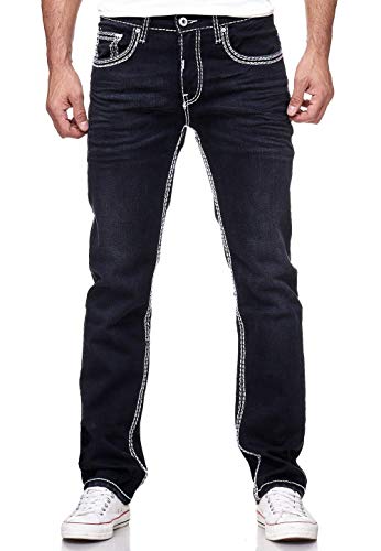 Dicke Naht Herren Jeans Hose 'Levin' Länge 32 + 34 Jeanshose Kontrastnaht Neon Grün Schwarz Blau Stretchdenim Streetwear Regular FIT, Hosengröße:31W / 32L, Denim Color:7444-7 von R-Neal