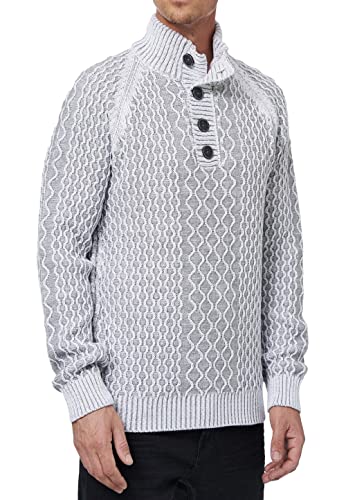 R-Neal Grobstrick Herren Stehkragen Pullover mit Knopfleiste im Mega Coolen Streetwear Design Strick-Pullover Hochkragen 394, Farbe:Weiß, Größe:L von R-Neal