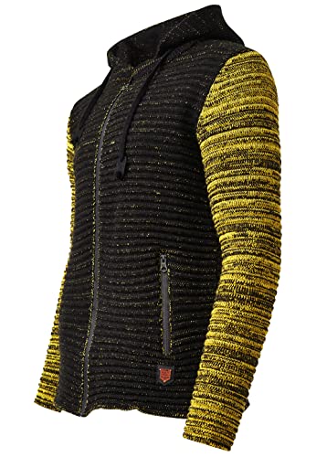 R-Neal Herren Biker Strick-Jacke Kapuzenpullover mit Reißverschluss Schwerer Grobstrick Kapuzen Strick Pullover Streetwear 408, Farbe:Schwarz/Gelb, Größe:2XL von R-Neal