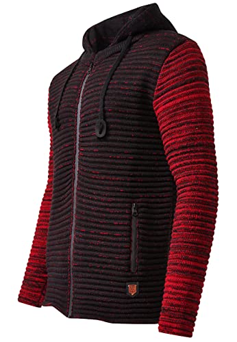 R-Neal Herren Biker Strick-Jacke Kapuzenpullover mit Reißverschluss Schwerer Grobstrick Kapuzen Strick Pullover Streetwear 408, Farbe:Schwarz/Rot, Größe:2XL von R-Neal