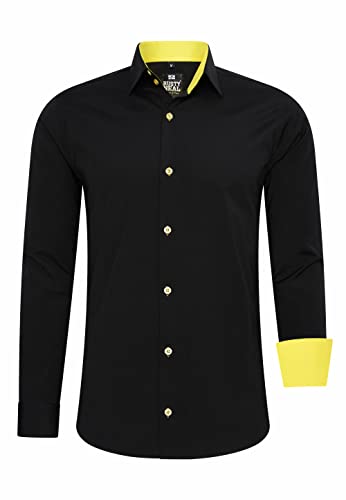 R-Neal Herren Business Hemd Schwarz Kontrast-Hemd Freizeithemd Hochzeithemd Black-Shirt S M L XL XXL 3XL 4XL 44, Farbe:Schwarz/Gelb, Größe:2XL von R-Neal