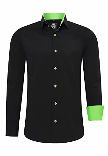 R-Neal Herren Business Hemd Schwarz Kontrast-Hemd Freizeithemd Hochzeithemd Black-Shirt S M L XL XXL 3XL 4XL 44, Farbe:Schwarz/Grün, Größe:3XL von R-Neal