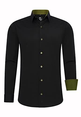 R-Neal Herren Business Hemd Schwarz Kontrast-Hemd Freizeithemd Hochzeithemd Black-Shirt S M L XL XXL 3XL 4XL 44, Farbe:Schwarz/Khaki, Größe:3XL von R-Neal