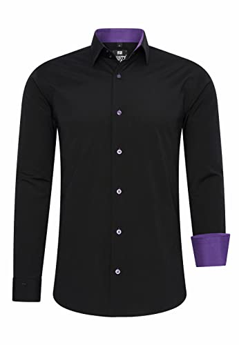 R-Neal Herren Business Hemd Schwarz Kontrast-Hemd Freizeithemd Hochzeithemd Black-Shirt S M L XL XXL 3XL 4XL 44, Farbe:Schwarz/Lila, Größe:4XL von R-Neal