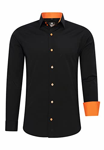 R-Neal Herren Business Hemd Schwarz Kontrast-Hemd Freizeithemd Hochzeithemd Black-Shirt S M L XL XXL 3XL 4XL 44, Farbe:Schwarz/Orange, Größe:3XL von R-Neal