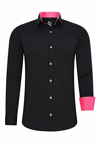 R-Neal Herren Business Hemd Schwarz Kontrast-Hemd Freizeithemd Hochzeithemd Black-Shirt S M L XL XXL 3XL 4XL 44, Farbe:Schwarz/Pink, Größe:2XL von R-Neal