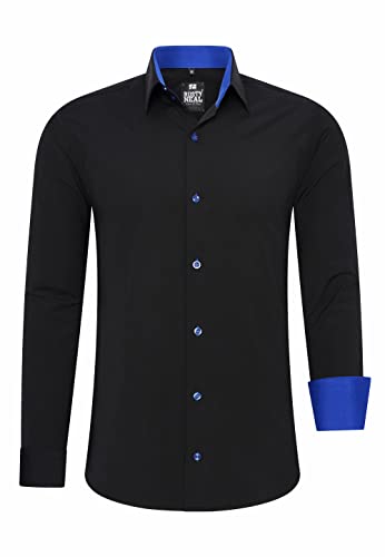 R-Neal Herren Business Hemd Schwarz Kontrast-Hemd Freizeithemd Hochzeithemd Black-Shirt S M L XL XXL 3XL 4XL 44, Farbe:Schwarz/Sax, Größe:2XL von R-Neal