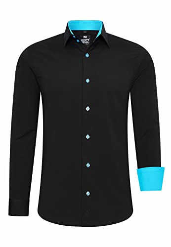 R-Neal Herren Business Hemd Schwarz Kontrast-Hemd Freizeithemd Hochzeithemd Black-Shirt S M L XL XXL 3XL 4XL 44, Farbe:Schwarz/Türkis, Größe:M von R-Neal