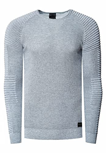 R-Neal Herren Fein-Strick Slim-Fit Biker Strick-Pullover im Individuellem Future Design Langarm-Pullover Rundhals Gerippt 349, Farbe:Grau, Größe:S von R-Neal