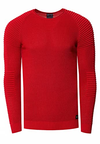 R-Neal Herren Fein-Strick Slim-Fit Biker Strick-Pullover im Individuellem Future Design Langarm-Pullover Rundhals Gerippt 349, Farbe:Rot, Größe:2XL von R-Neal