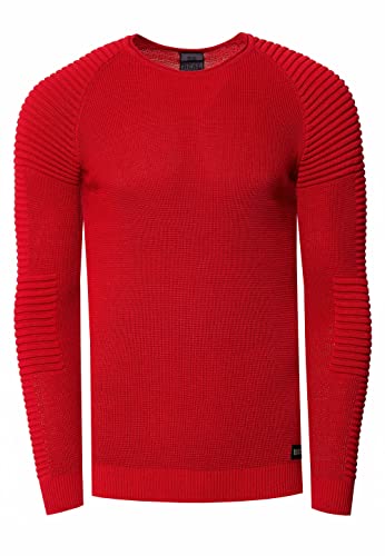 R-Neal Herren Fein-Strick Slim-Fit Biker Strick-Pullover im Individuellem Future Design Langarm-Pullover Rundhals Gerippt 349, Farbe:Rot, Größe:M von R-Neal