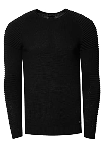 R-Neal Herren Fein-Strick Slim-Fit Biker Strick-Pullover im Individuellem Future Design Langarm-Pullover Rundhals Gerippt 349, Farbe:Schwarz, Größe:L von R-Neal