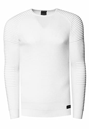 R-Neal Herren Fein-Strick Slim-Fit Biker Strick-Pullover im Individuellem Future Design Langarm-Pullover Rundhals Gerippt 349, Farbe:Weiß, Größe:L von R-Neal