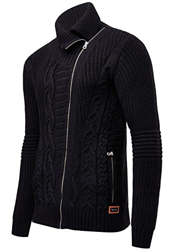 R-Neal Herren Grobstrick-Jacke im Asymmetrischen Design Grob-Strick-Jacke mit Rollkragen Biker Pullover Langarm Strick Jacke 389, Farbe:Schwarz, Größe:L von R-Neal