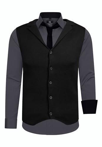 R-Neal Herren Hemd Weste Krawatte Set Business Slim Fit Stretch Strick-Weste Anzug-Set Sakko 44/40/90, Farbe:Anthrazit, Größe:4XL von R-Neal