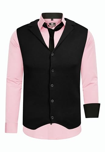R-Neal Herren Hemd Weste Krawatte Set Business Slim Fit Stretch Strick-Weste Anzug-Set Sakko 44/40/90, Farbe:Rosa, Größe:3XL von R-Neal