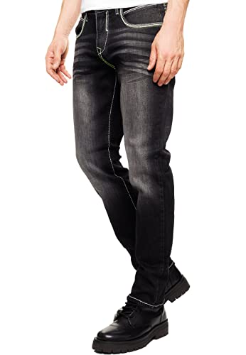 R-Neal Herren Jeans Hose Dicke-Naht-Hose mit Neon Grüner Ziernaht Individuellem Design Black Used Regular Fit 236-2, Farbe:Schwarz, Hosengröße:34W / 32L von R-Neal