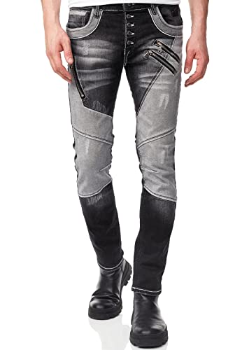 R-Neal Herren Jeans Hose Streetwear Stretch Cotton Destroyed Pants Biker Jeanshose Knopfleiste Vintage Used Clubwear Denim 237/239/240/241, Hosengröße:30W / 32L, Denim Color:12-237-2 von R-Neal