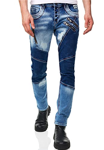 R-Neal Herren Jeans Hose Streetwear Stretch Cotton Destroyed Pants Biker Jeanshose Knopfleiste Vintage Used Clubwear Denim 237/239/240/241, Hosengröße:31W / 32L, Denim Color:12-237-1 von R-Neal