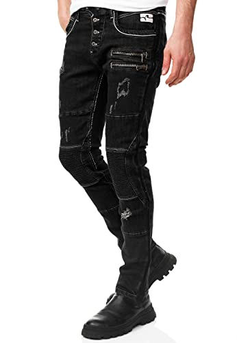 R-Neal Herren Jeans Hose Streetwear Stretch Cotton Destroyed Pants Biker Jeanshose Knopfleiste Vintage Used Clubwear Denim 237/239/240/241, Hosengröße:31W / 32L, Denim Color:12-241-3 von R-Neal