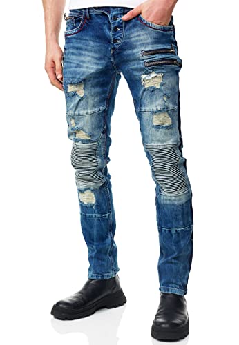 R-Neal Herren Jeans Hose Streetwear Stretch Cotton Destroyed Pants Biker Jeanshose Knopfleiste Vintage Used Clubwear Denim 237/239/240/241, Hosengröße:32W / 32L, Denim Color:12-241-2 von R-Neal