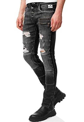 R-Neal Herren Jeans Hose Streetwear Stretch Cotton Destroyed Pants Biker Jeanshose Knopfleiste Vintage Used Clubwear Denim 237/239/240/241, Hosengröße:33W / 32L, Denim Color:12-241-1 von R-Neal